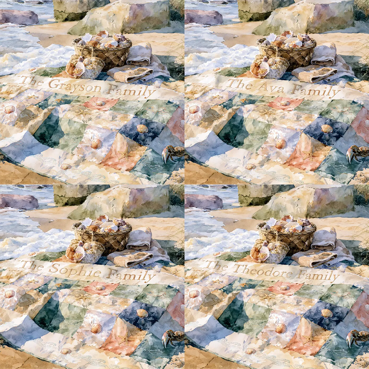 Four name preview examples of Family Mermaid Quilt Personalized Wall Mural by Whimsy Tots