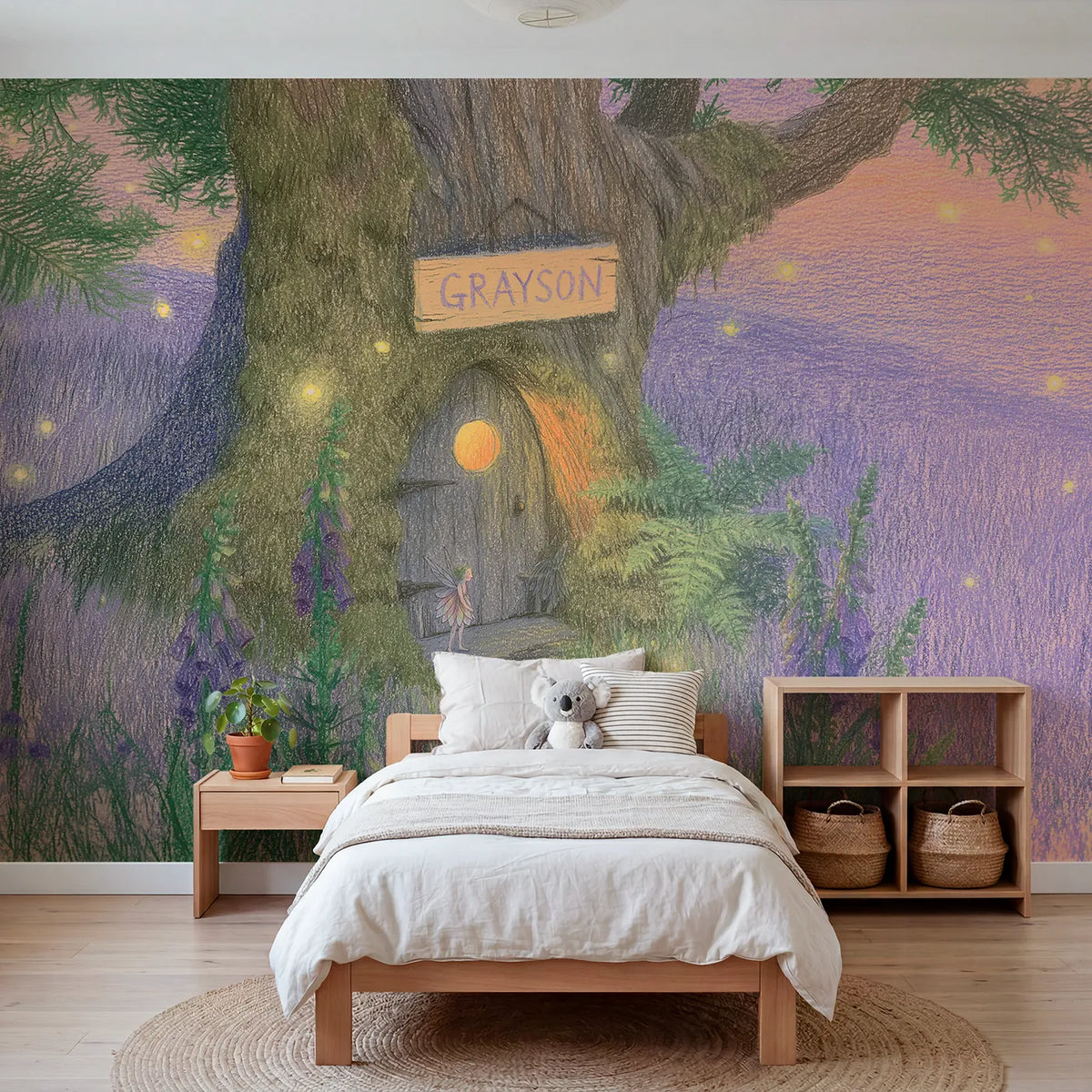 Colored pencil fairy lantern bloom personalized wall mural with etched glowing glass by Whimsy Tots