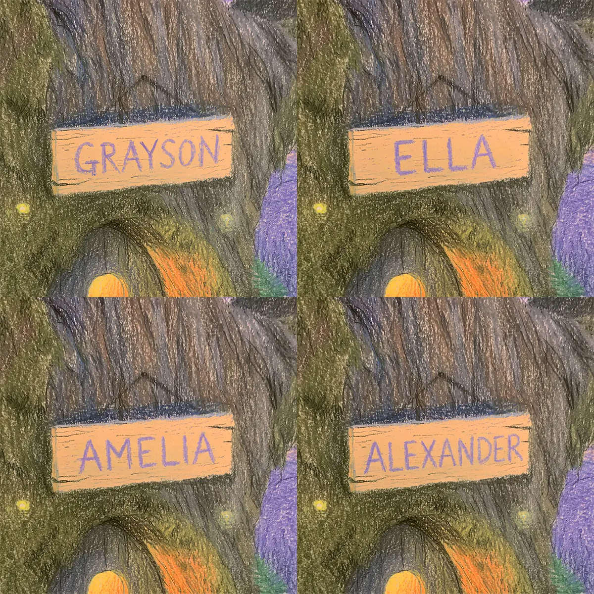 Four name preview examples of Fairy Lantern Bloom Personalized Wall Mural by Whimsy Tots