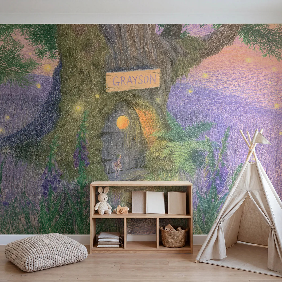Fairy Lantern Bloom Personalized Wall Mural in playroom setting by Whimsy Tots