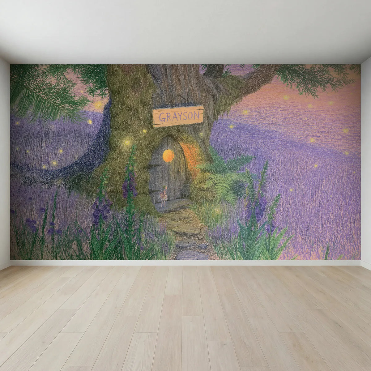 Full view of Fairy Lantern Bloom Personalized Wall Mural by Whimsy Tots