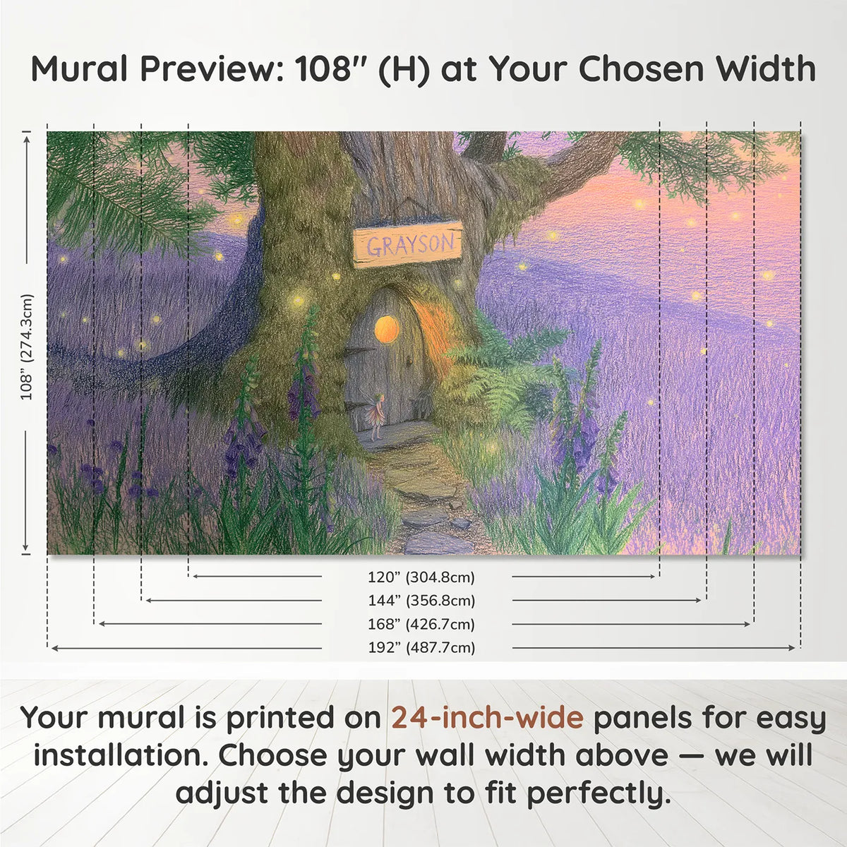 Panel layout and dimensions for Fairy Lantern Bloom Personalized Wall Mural by Whimsy Tots