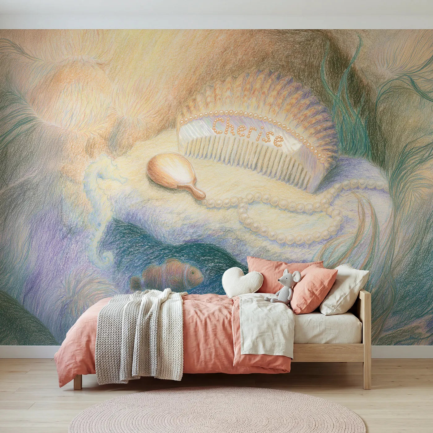 Colored pencil mermaid shell comb personalized wall mural with pearl inlaid spine by Whimsy Tots