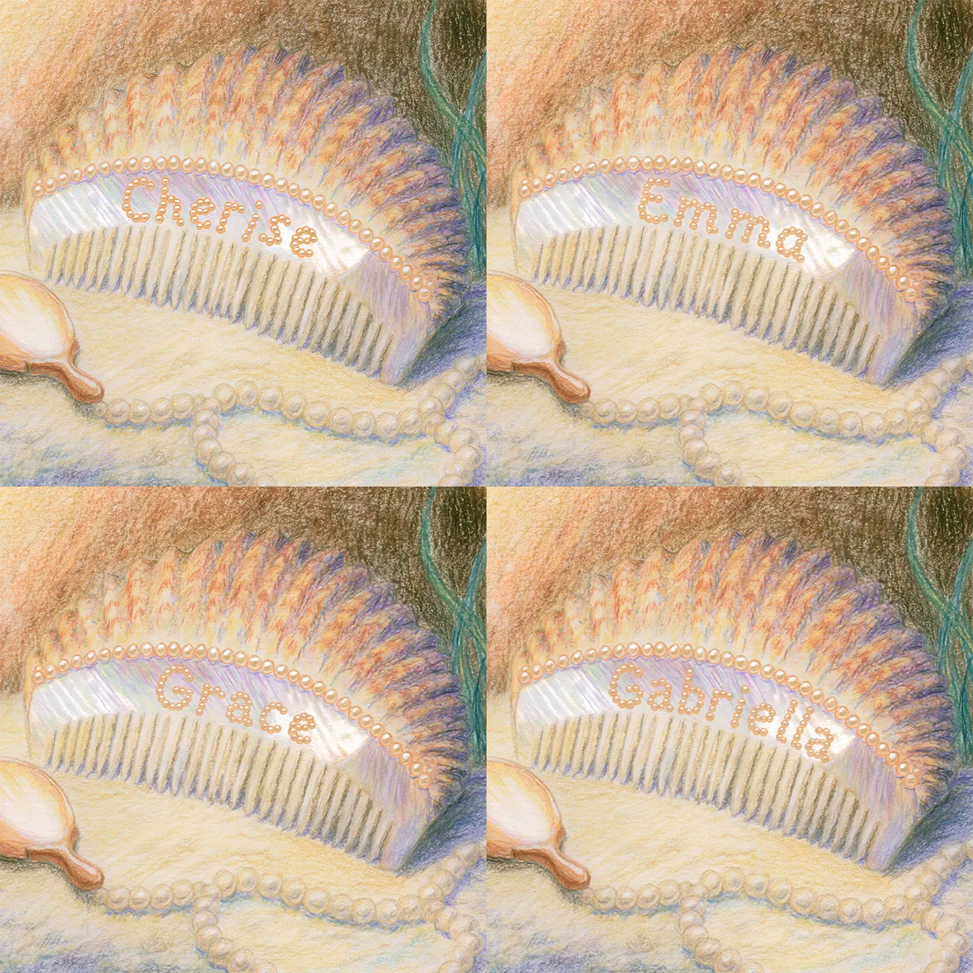 Four name preview examples of Mermaid Shell Comb Personalized Wall Mural by Whimsy Tots