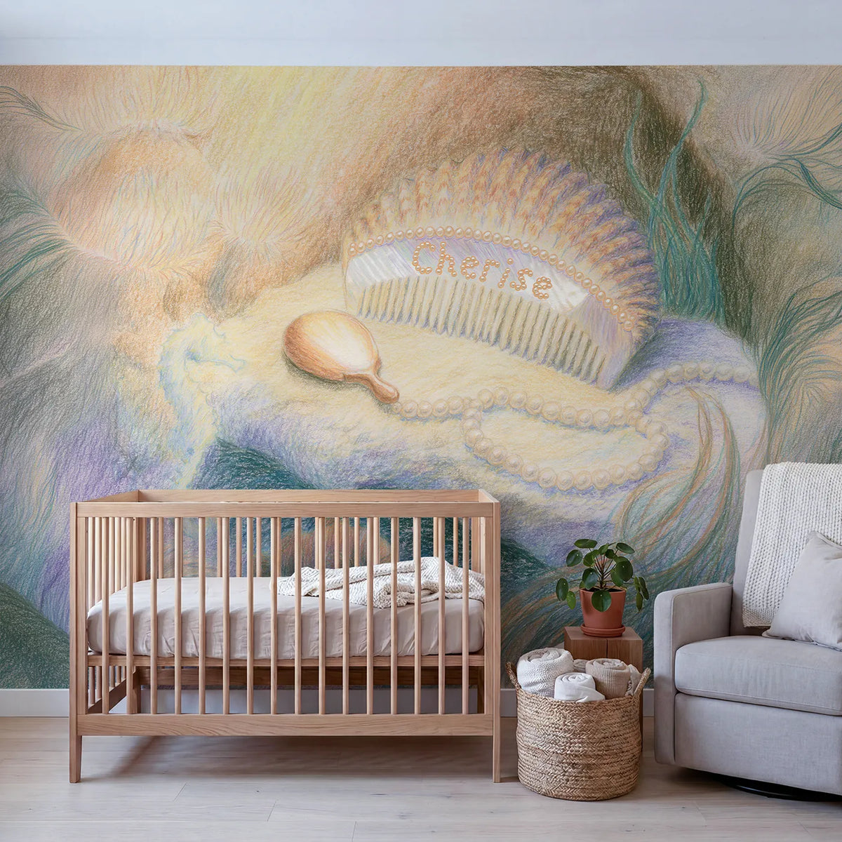 Mermaid Shell Comb Personalized Wall Mural in playroom setting by Whimsy Tots