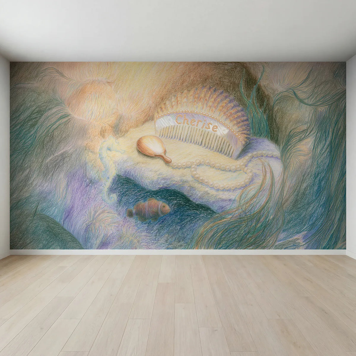 Full view of Mermaid Shell Comb Personalized Wall Mural by Whimsy Tots