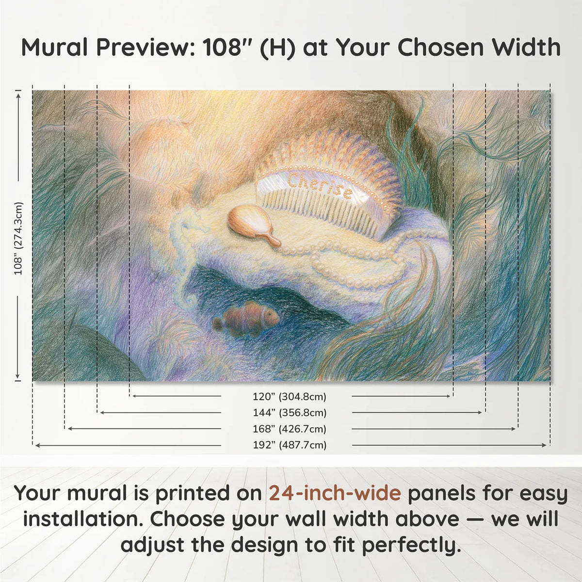 Panel layout and dimensions for Mermaid Shell Comb Personalized Wall Mural by Whimsy Tots