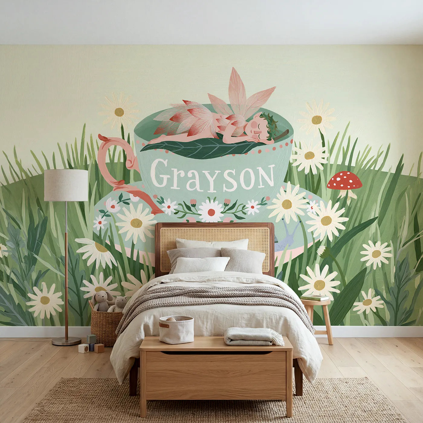 Modern illustration fairy teacup personalized wall mural with painted cup belly by Whimsy Tots