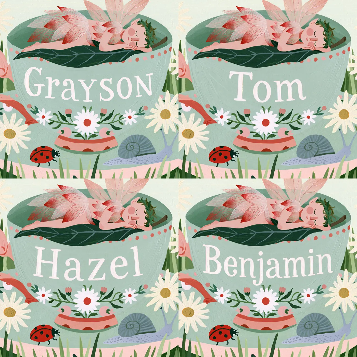 Four name preview examples of Flat Fairy Teacup Personalized Wall Mural by Whimsy Tots