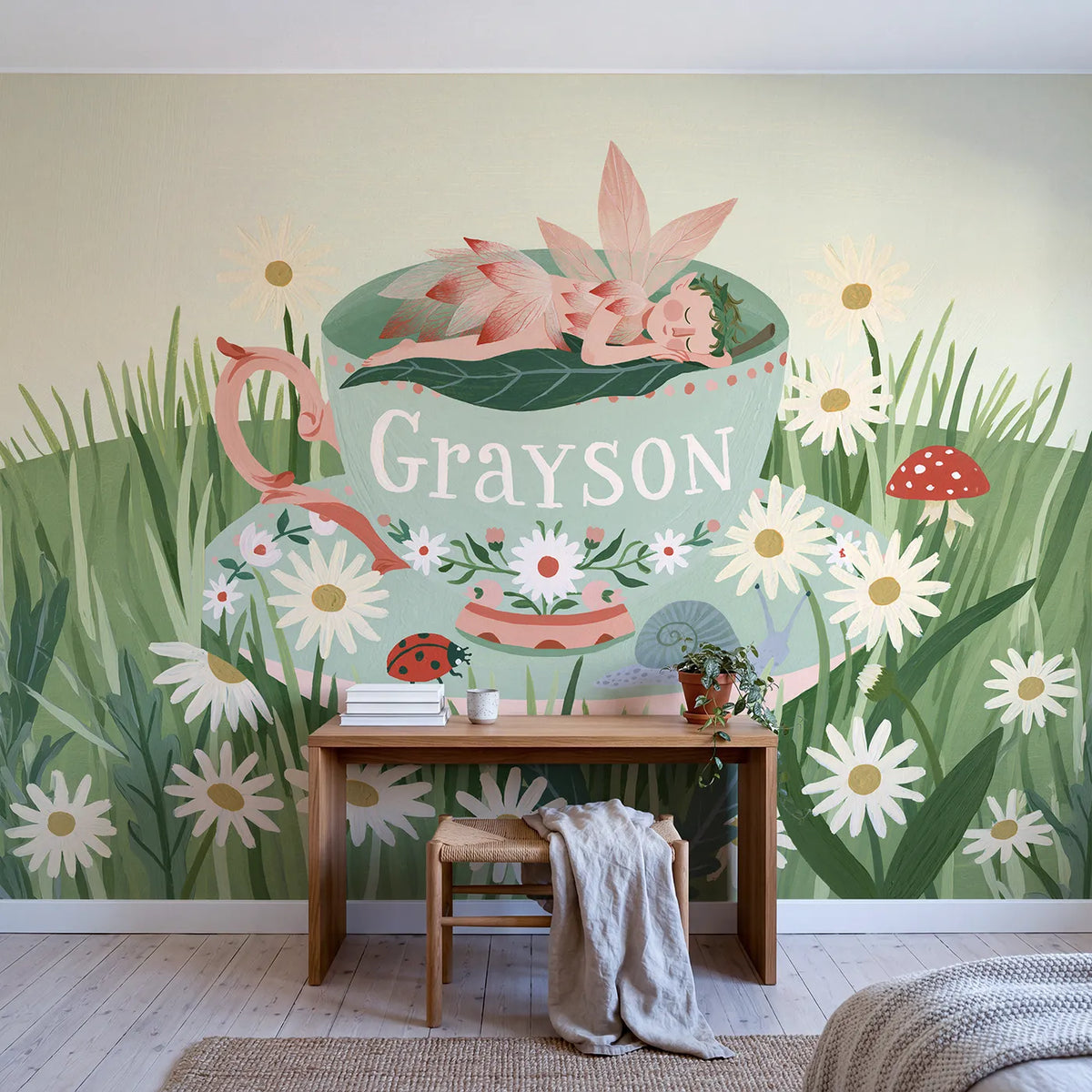Flat Fairy Teacup Personalized Wall Mural in playroom setting by Whimsy Tots