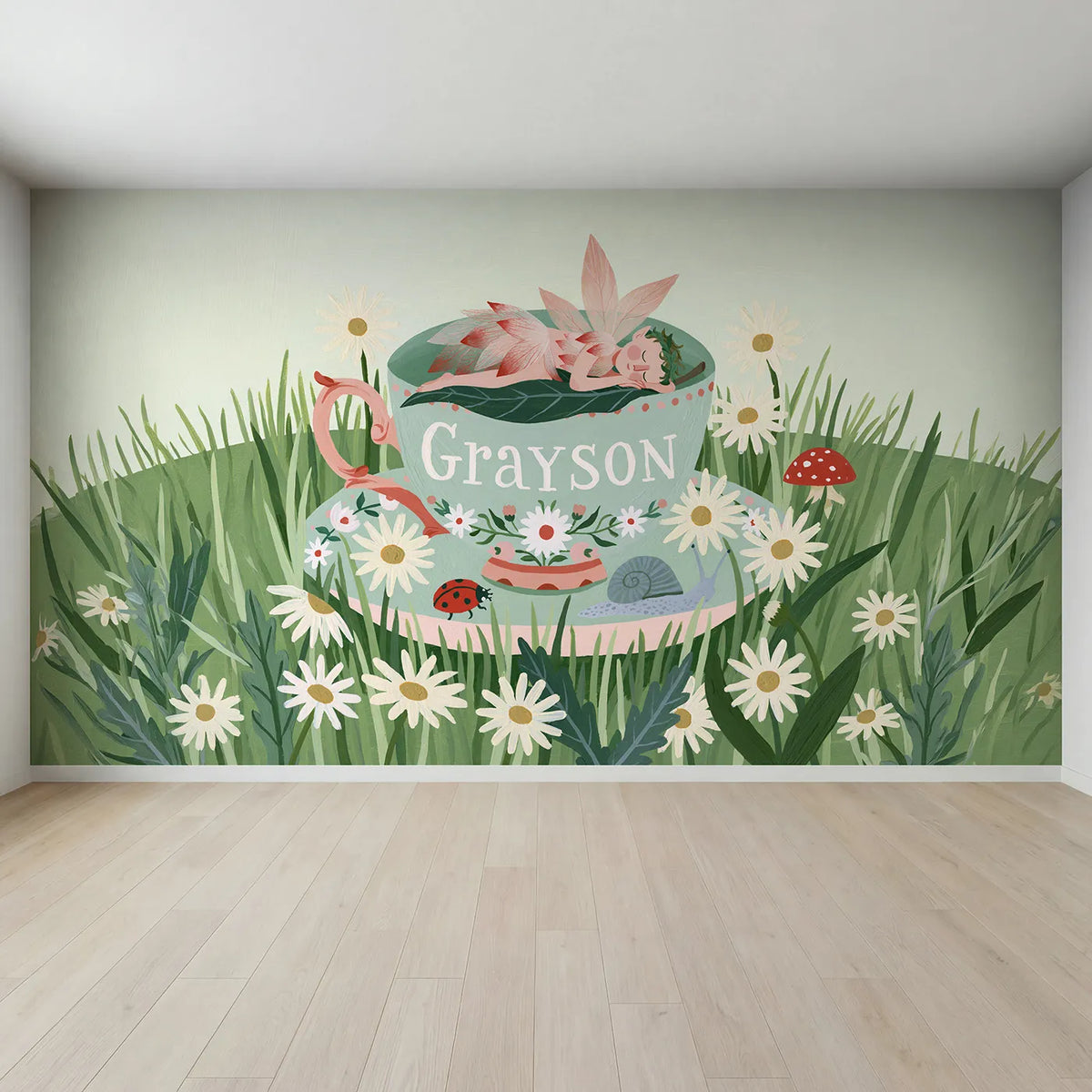 Full view of Flat Fairy Teacup Personalized Wall Mural by Whimsy Tots