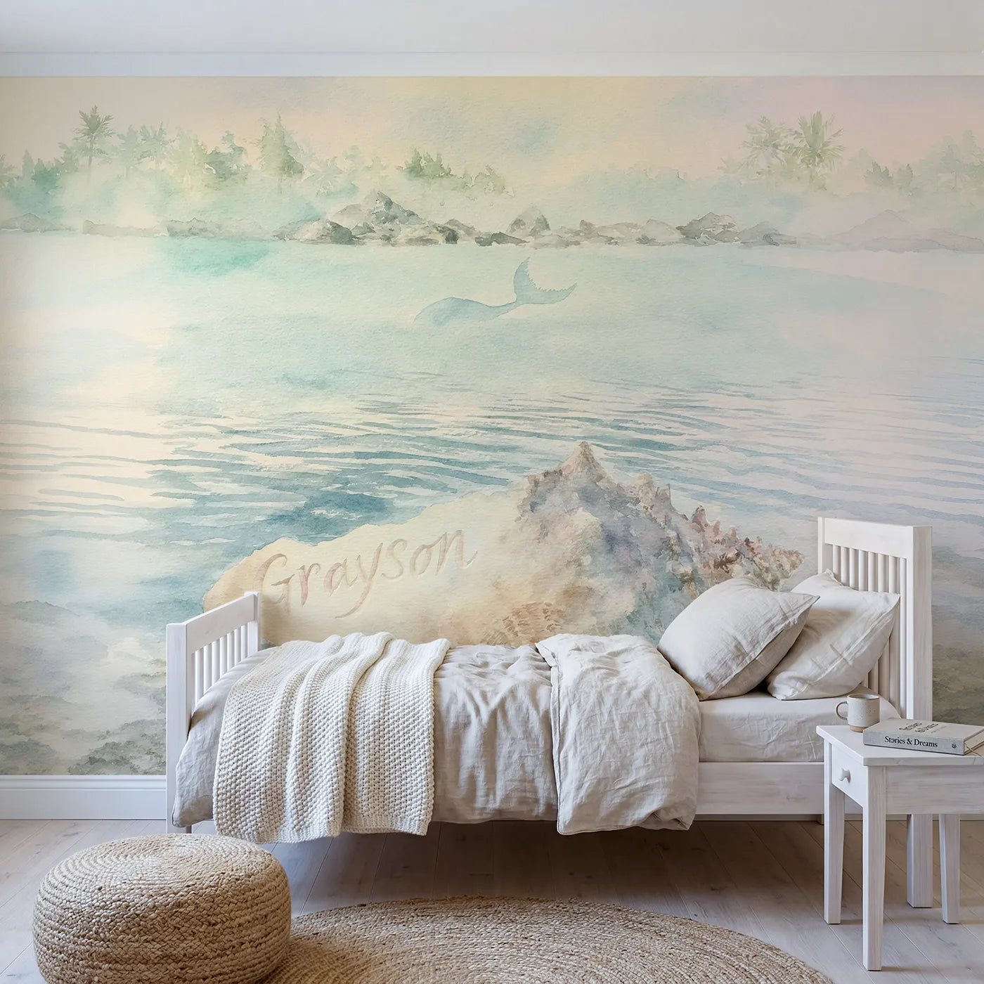Watercolor misty lagoon conch personalized wall mural with carved bold script lip by Whimsy Tots