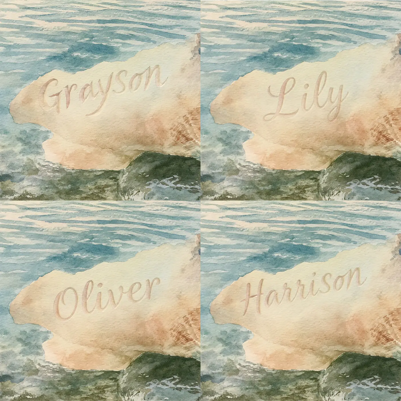 Four name preview examples of Misty Lagoon Shell Personalized Wall Mural by Whimsy Tots