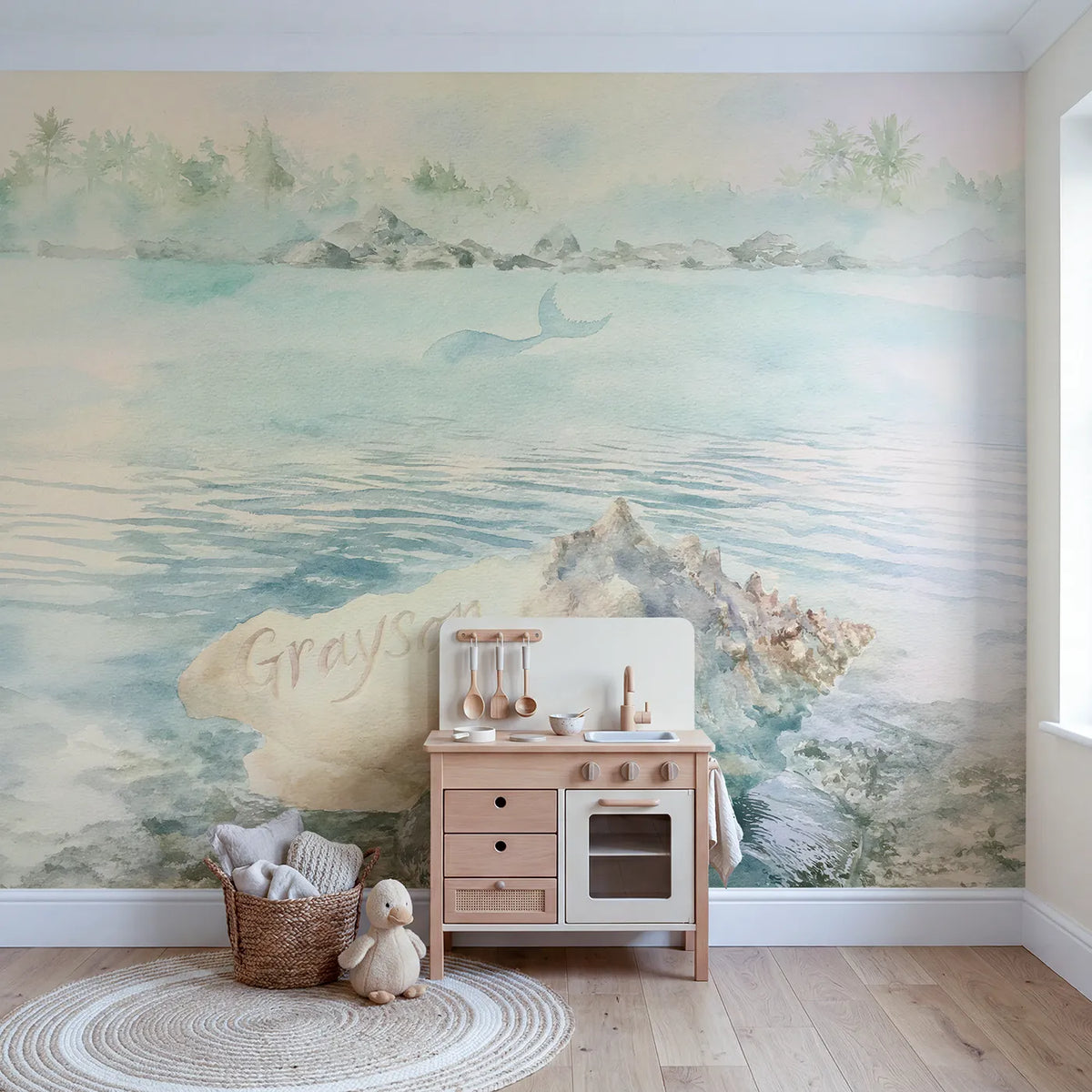 Misty Lagoon Shell Personalized Wall Mural in playroom setting by Whimsy Tots
