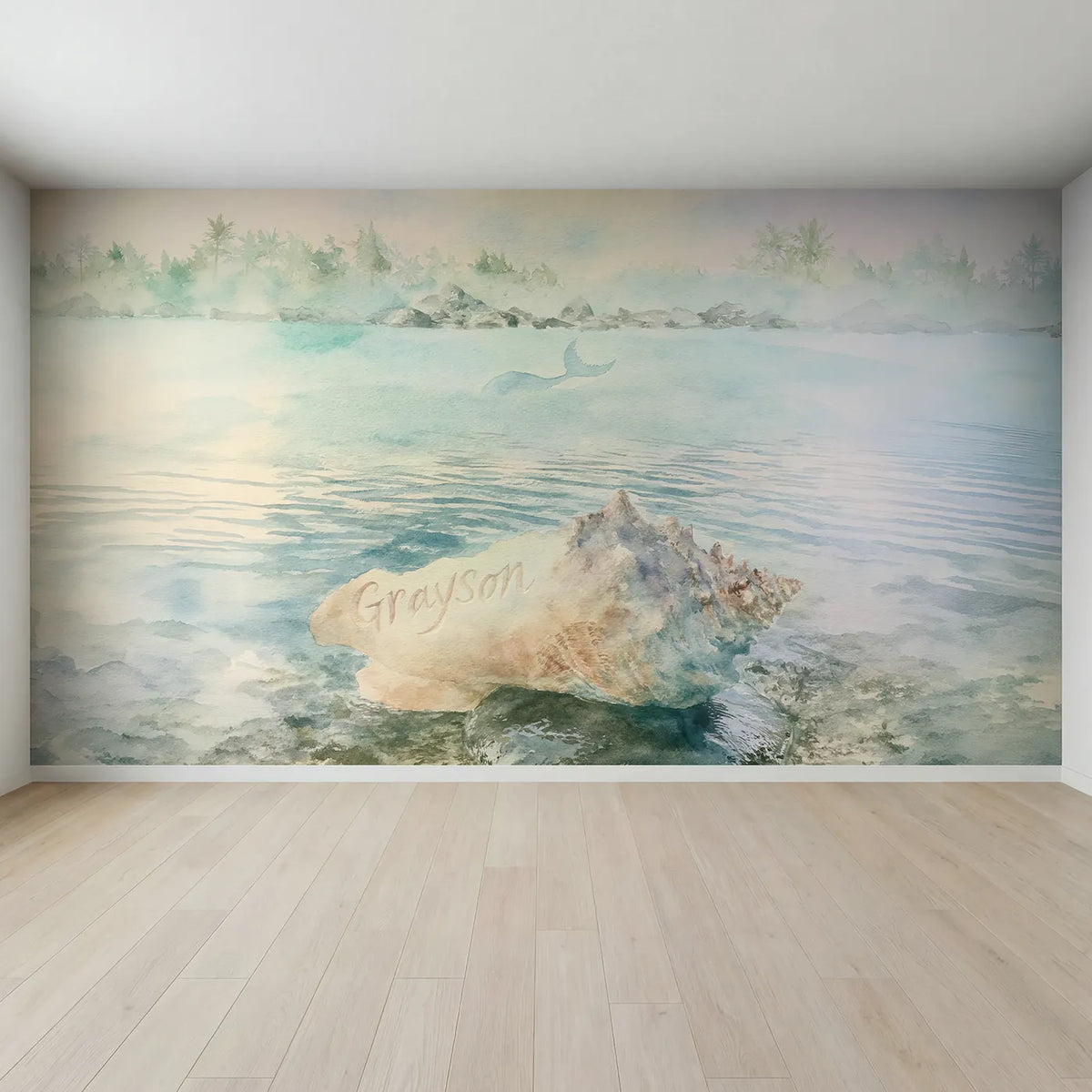 Full view of Misty Lagoon Shell Personalized Wall Mural by Whimsy Tots