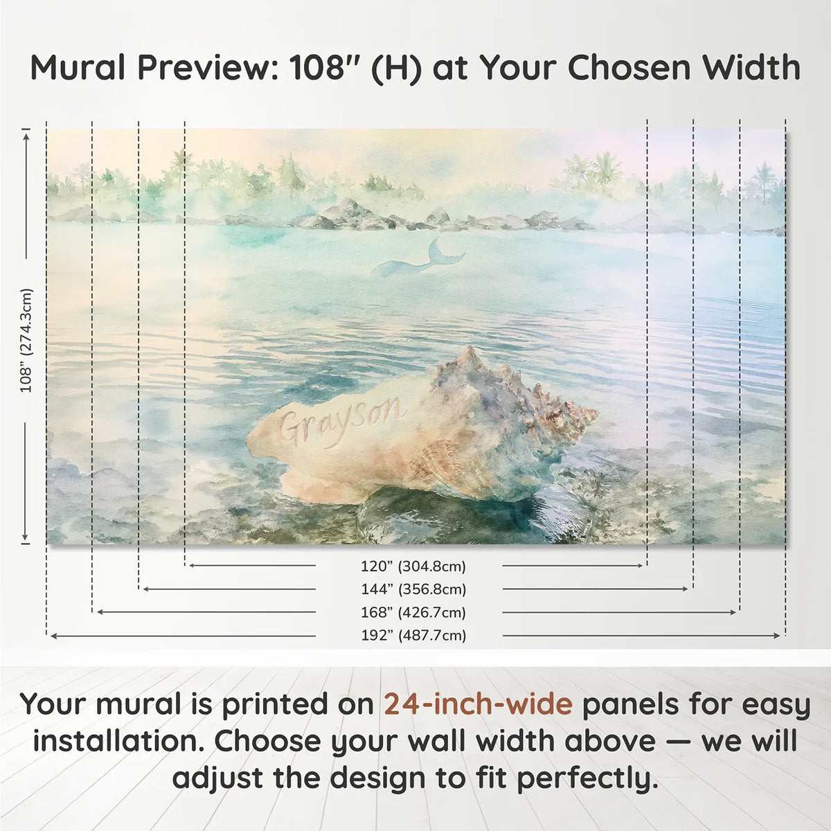 Panel layout and dimensions for Misty Lagoon Shell Personalized Wall Mural by Whimsy Tots