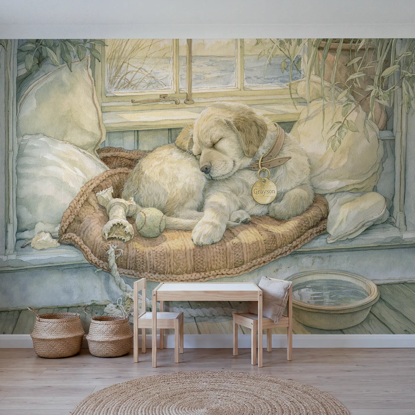 Storybook sleepy puppy collar tag personalized wall mural with engraved brass tag by Whimsy Tots
