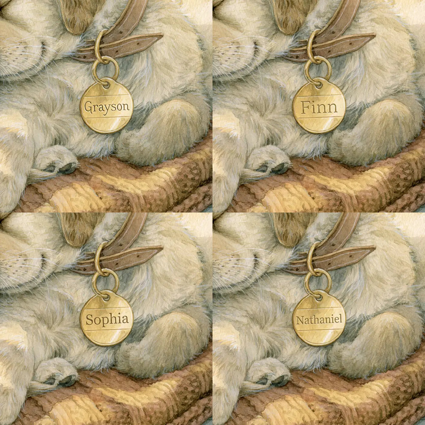 Four name preview examples of Puppy Collar Tag Personalized Wall Mural by Whimsy Tots