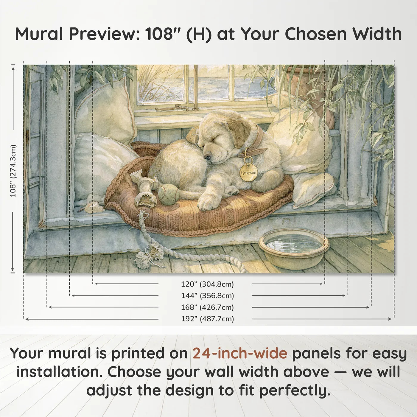 Panel layout and dimensions for Puppy Collar Tag Personalized Wall Mural by Whimsy Tots