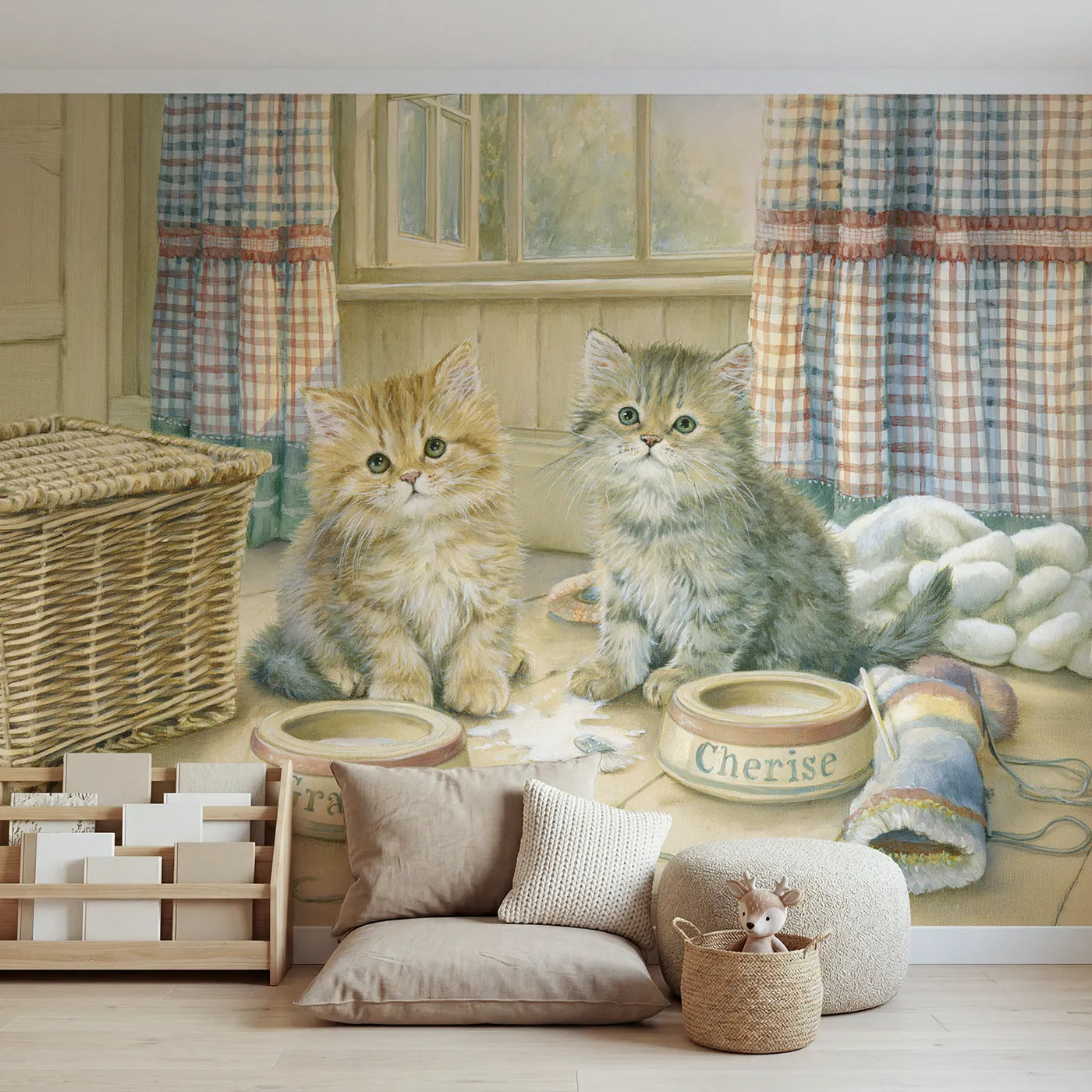 Storybook two kittens and bowls personalized wall mural with painted rim names by Whimsy Tots