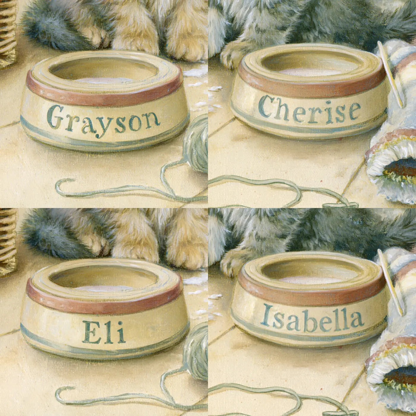 Four name preview examples of Two Kittens Two Bowls Personalized Wall Mural by Whimsy Tots