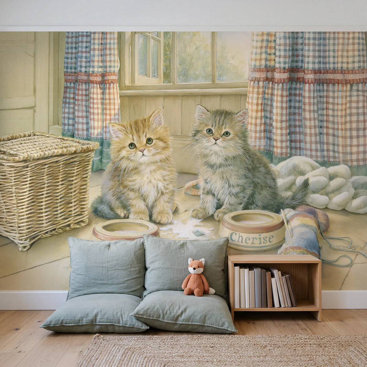Two Kittens Two Bowls Personalized Wall Mural in playroom setting by Whimsy Tots