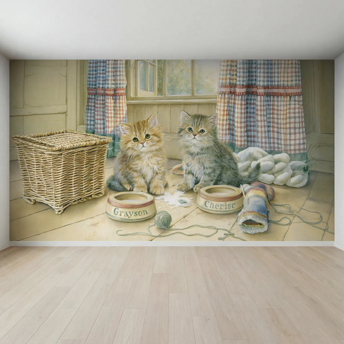 Full view of Two Kittens Two Bowls Personalized Wall Mural by Whimsy Tots