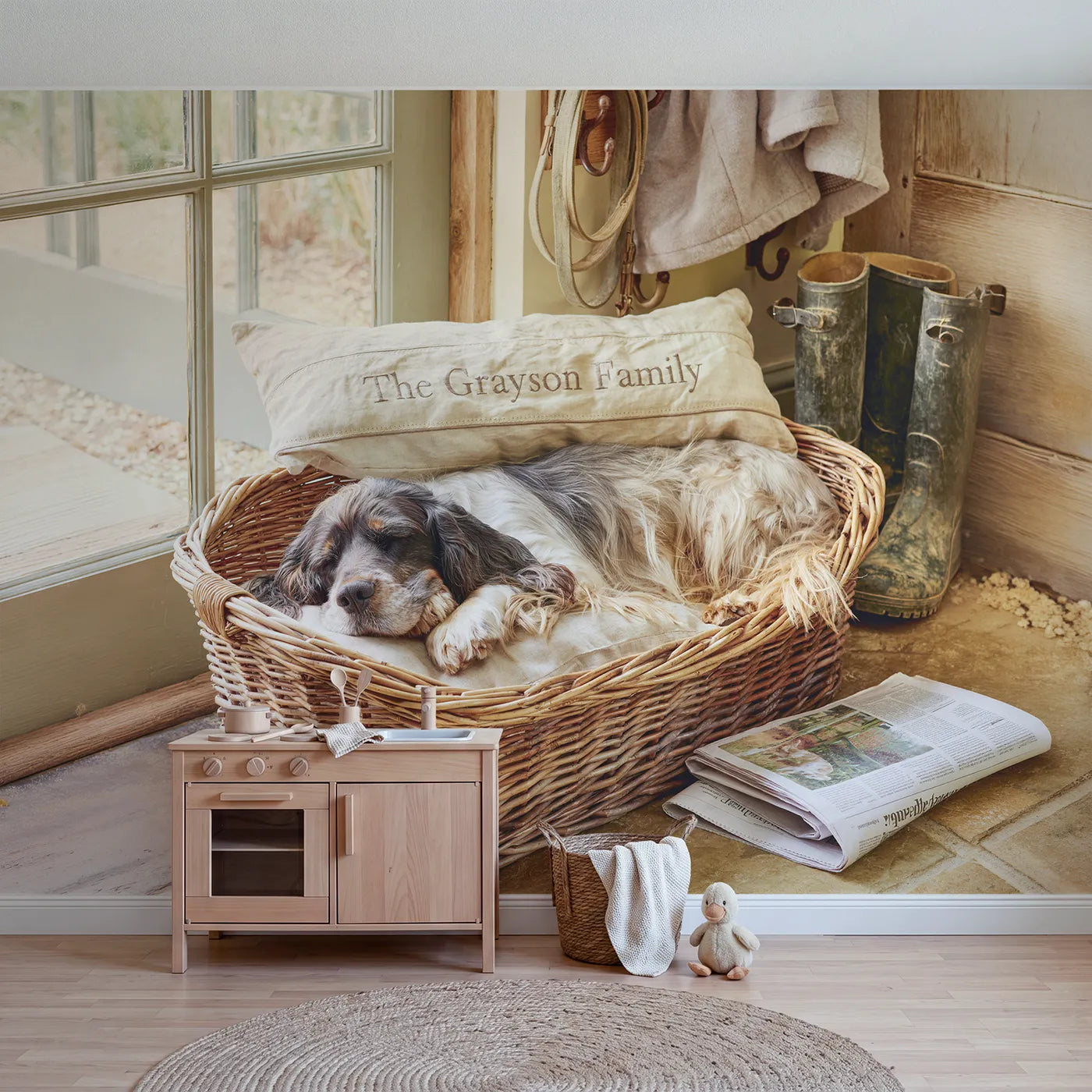 Watercolor family dog basket personalized wall mural with embroidered cushion band by Whimsy Tots