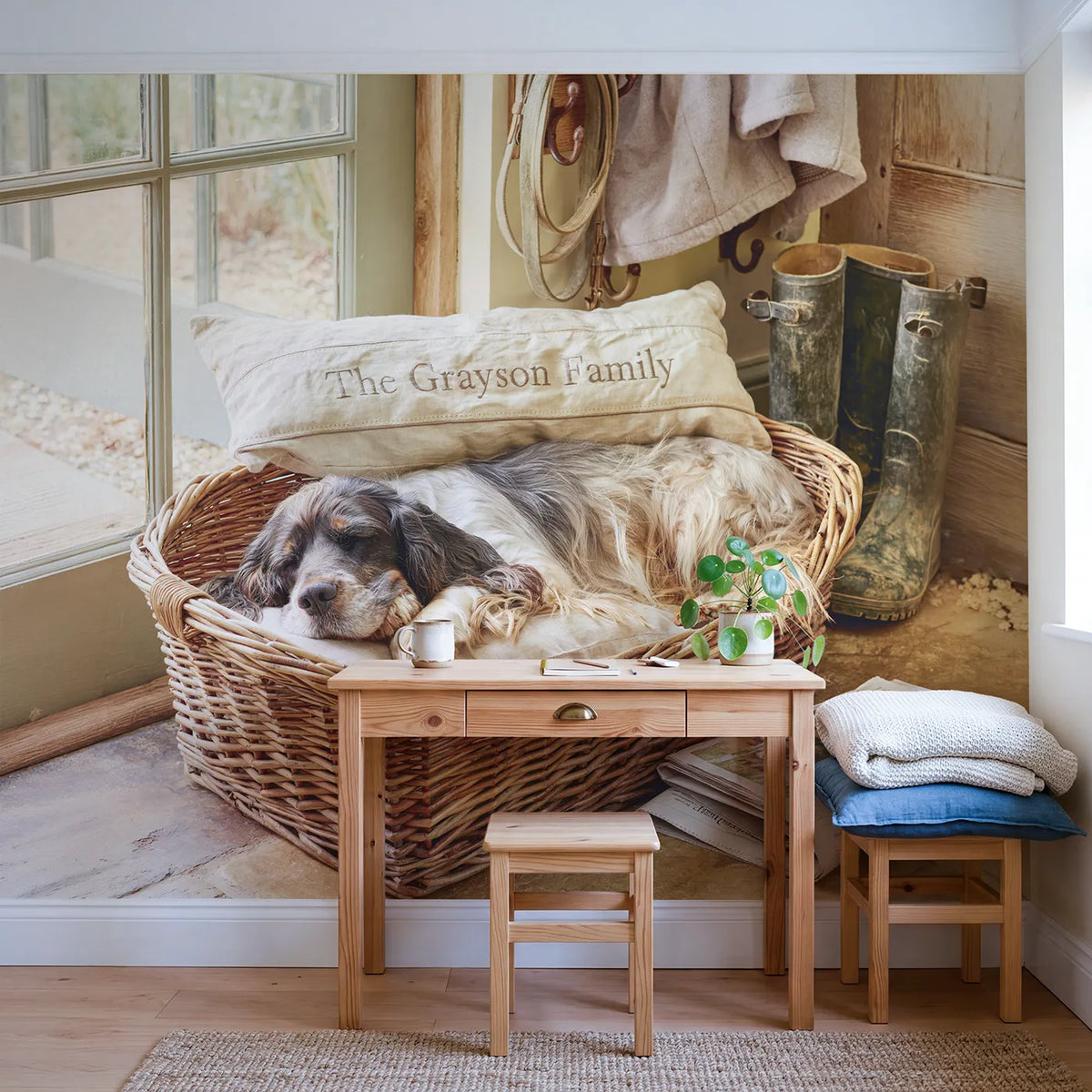 Family Dog Bed Personalized Wall Mural in playroom setting by Whimsy Tots