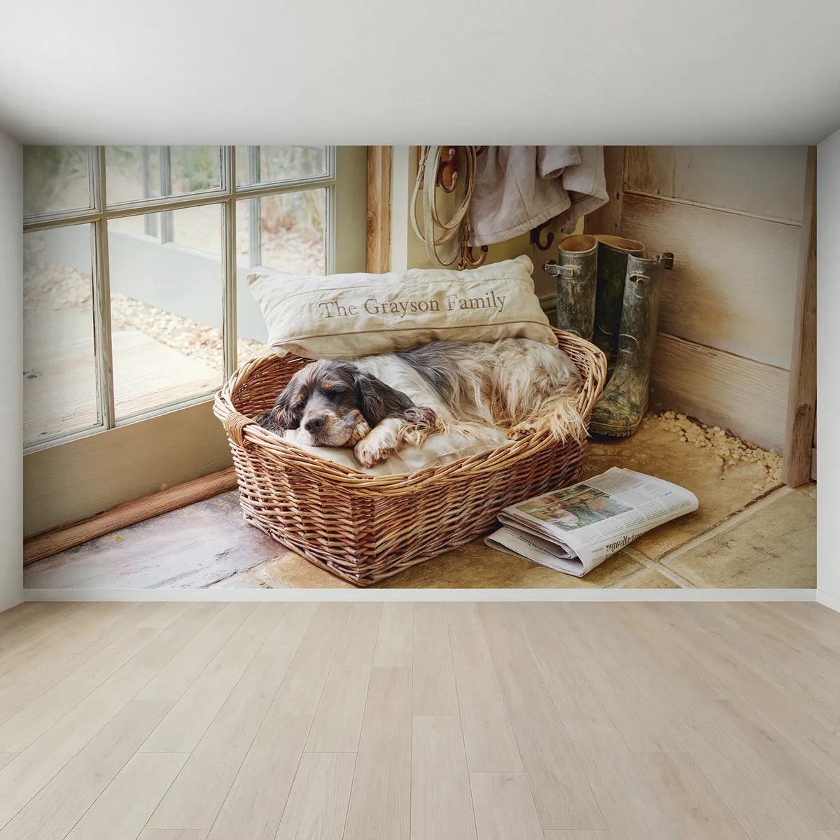 Full view of Family Dog Bed Personalized Wall Mural by Whimsy Tots