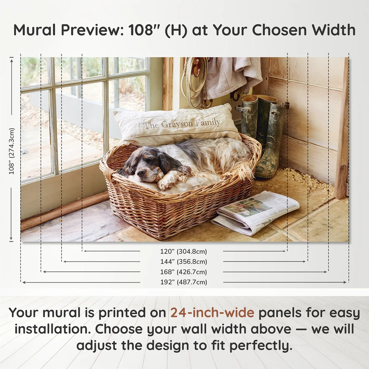 Panel layout and dimensions for Family Dog Bed Personalized Wall Mural by Whimsy Tots