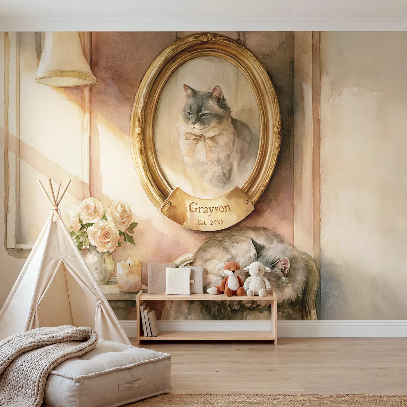 Watercolor pet portrait frame personalized wall mural with engraved brass plate by Whimsy Tots