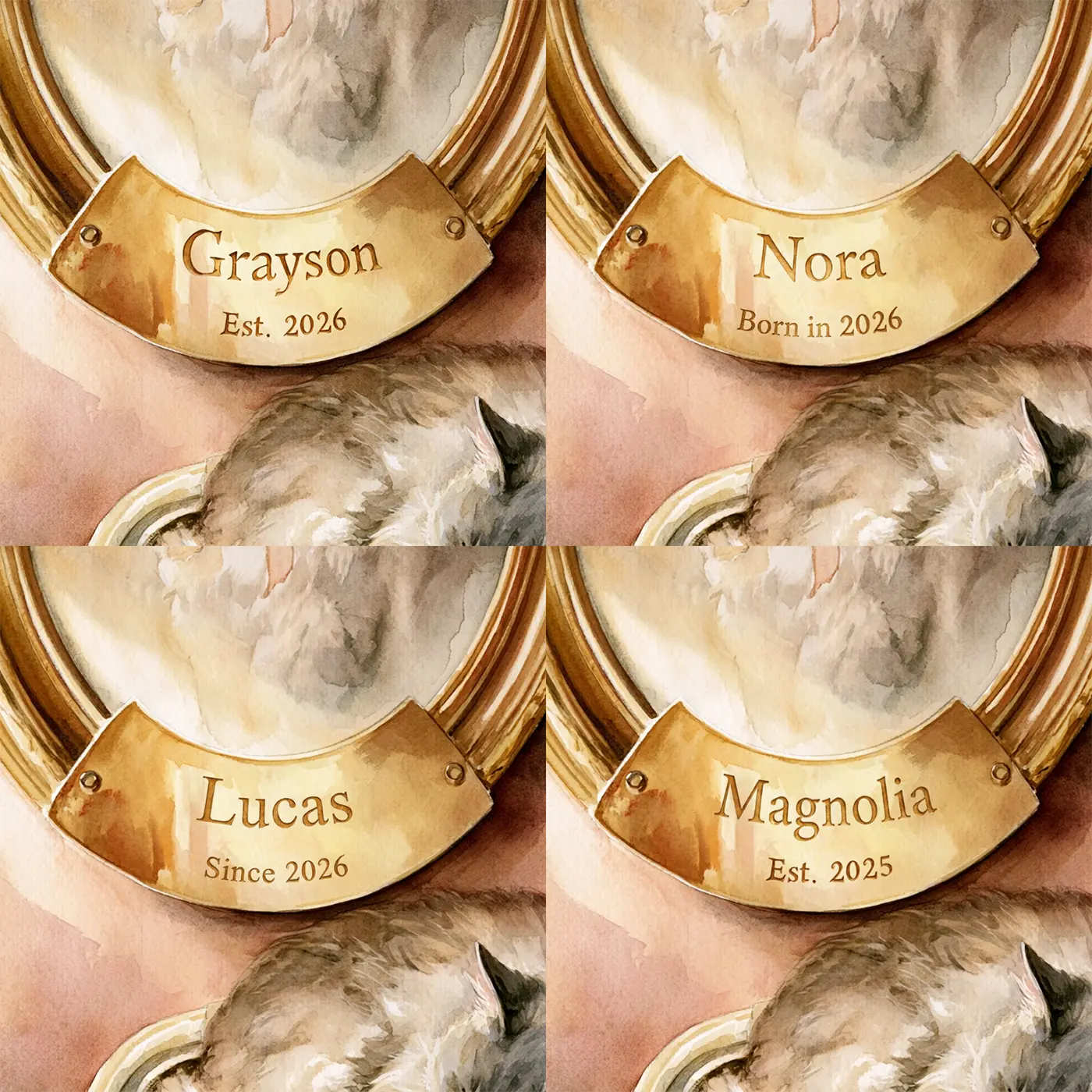 Four name preview examples of Pet Portrait Frame Personalized Wall Mural by Whimsy Tots