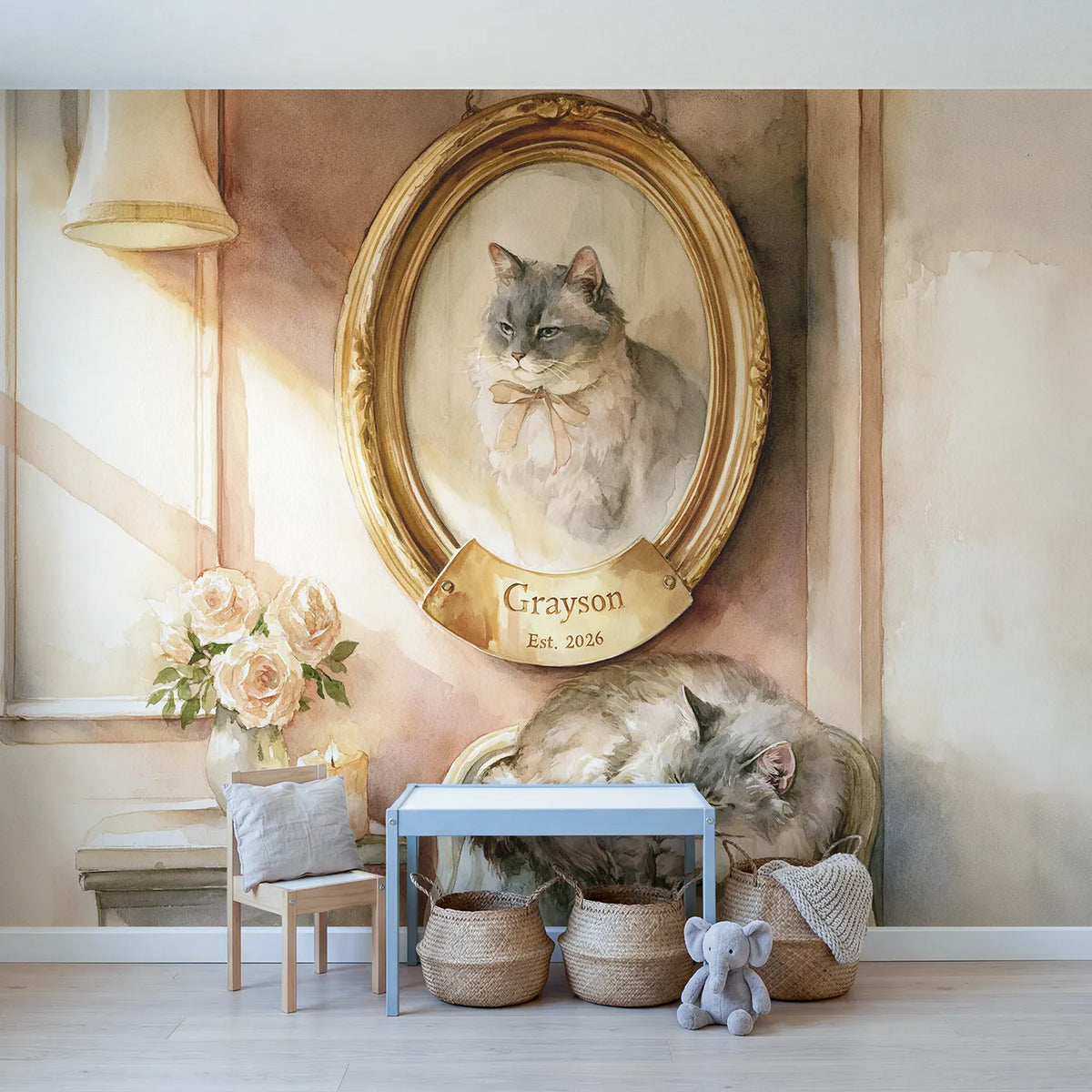 Pet Portrait Frame Personalized Wall Mural in playroom setting by Whimsy Tots