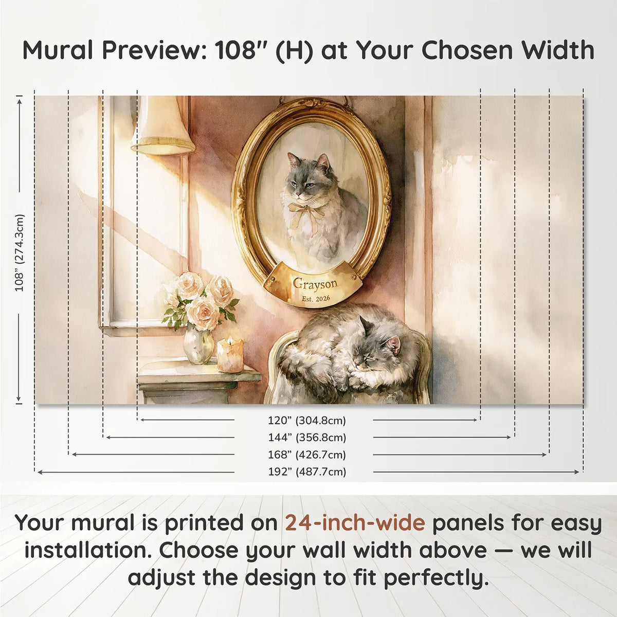 Panel layout and dimensions for Pet Portrait Frame Personalized Wall Mural by Whimsy Tots