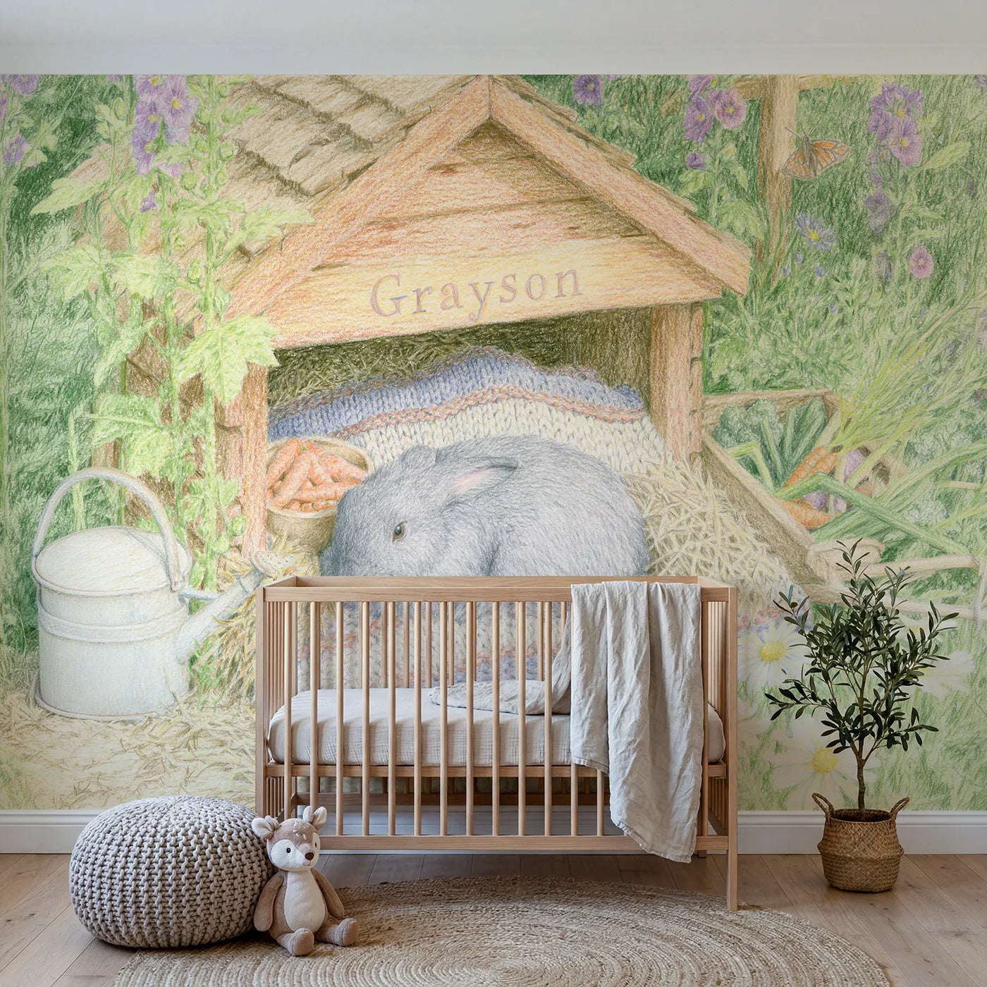 Colored pencil rabbit hutch blanket personalized wall mural with knitted band name by Whimsy Tots
