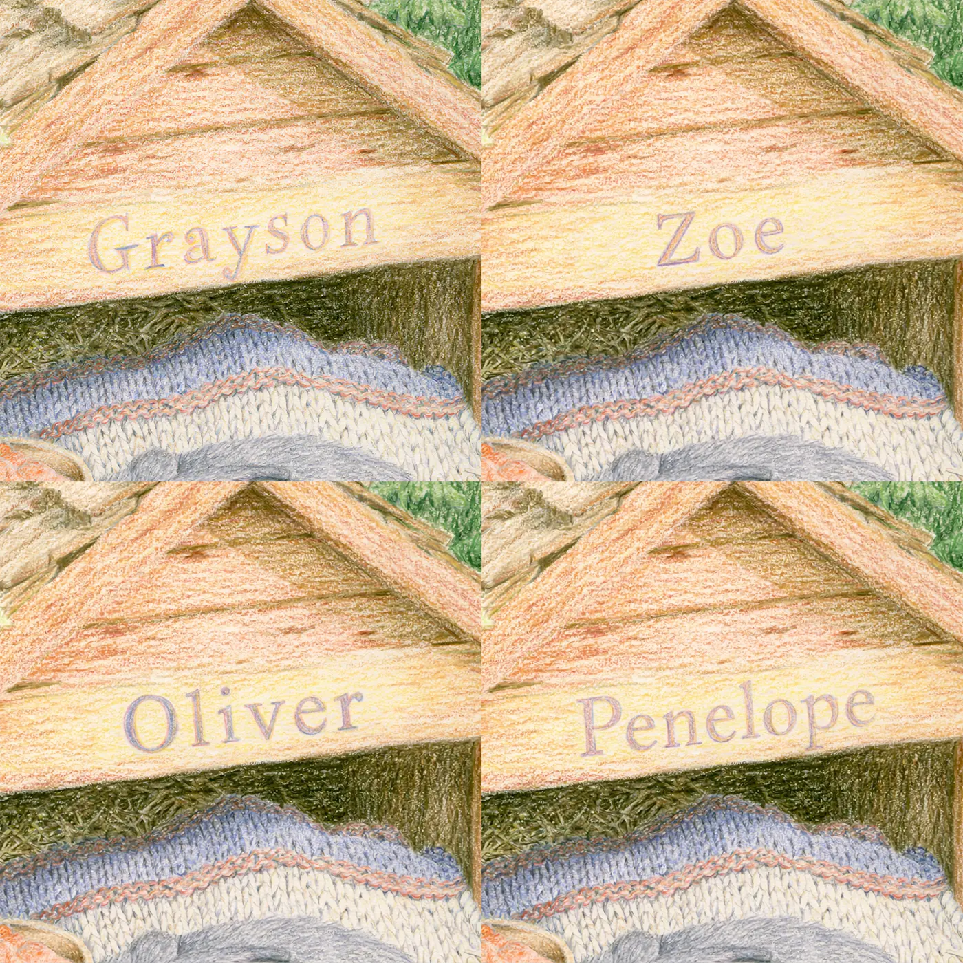 Four name preview examples of Rabbit Hutch Blanket Personalized Wall Mural by Whimsy Tots