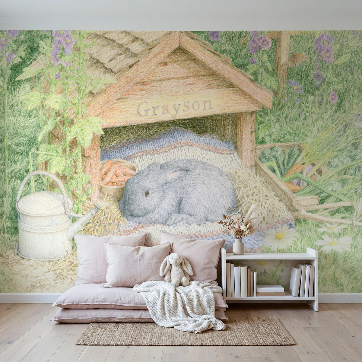 Rabbit Hutch Blanket Personalized Wall Mural in playroom setting by Whimsy Tots