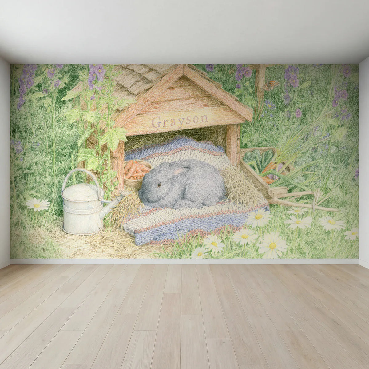 Full view of Rabbit Hutch Blanket Personalized Wall Mural by Whimsy Tots