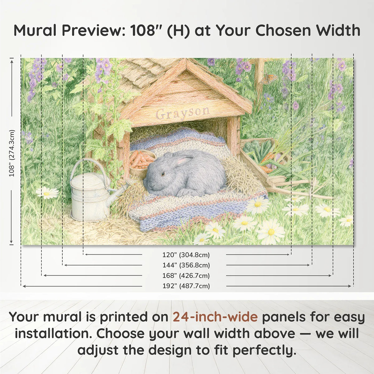 Panel layout and dimensions for Rabbit Hutch Blanket Personalized Wall Mural by Whimsy Tots
