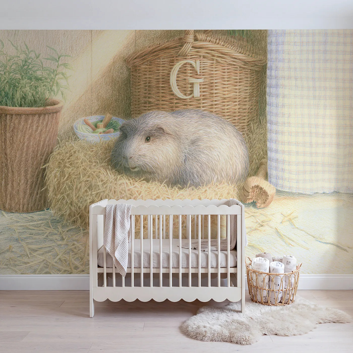 Colored pencil guinea pig hay basket personalized wall mural with woven willow initial by Whimsy Tots