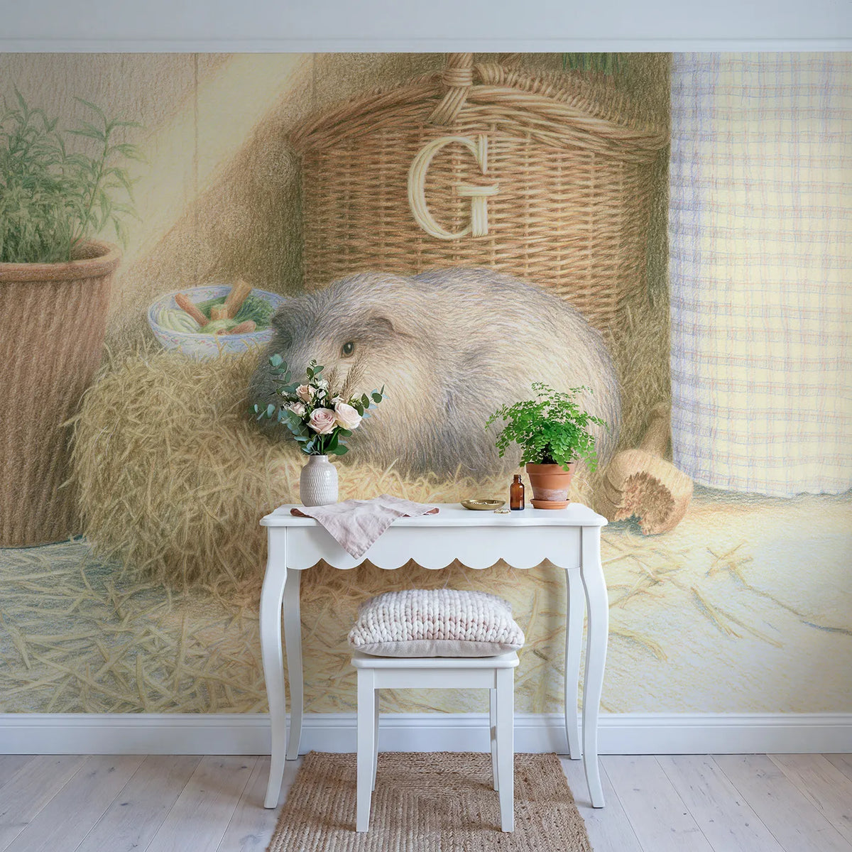 Guinea Pig Hay Basket Personalized Wall Mural in playroom setting by Whimsy Tots