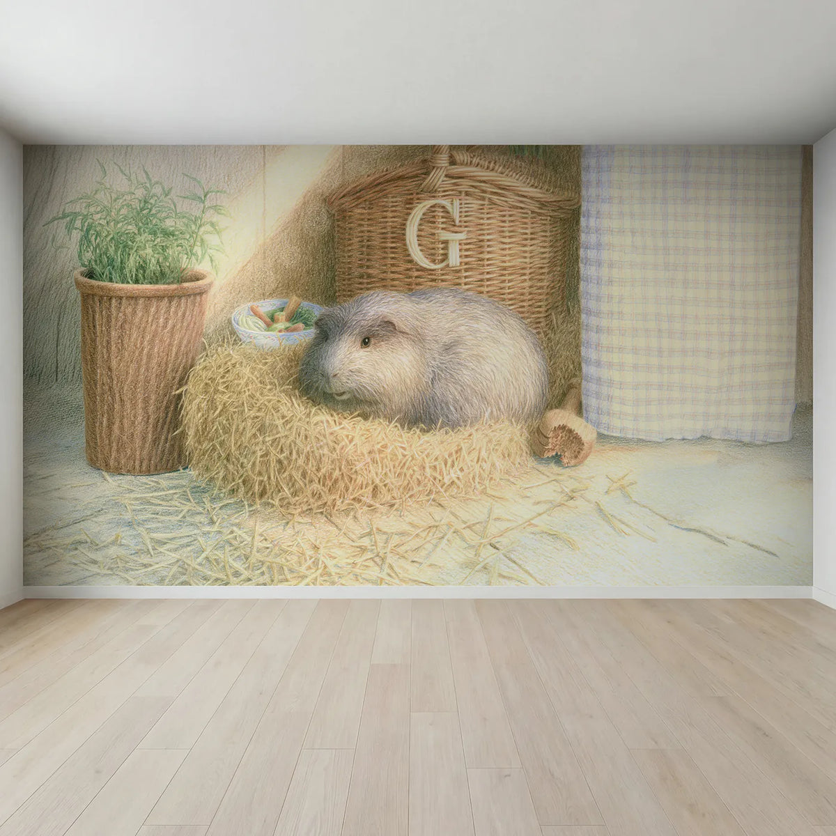 Full view of Guinea Pig Hay Basket Personalized Wall Mural by Whimsy Tots