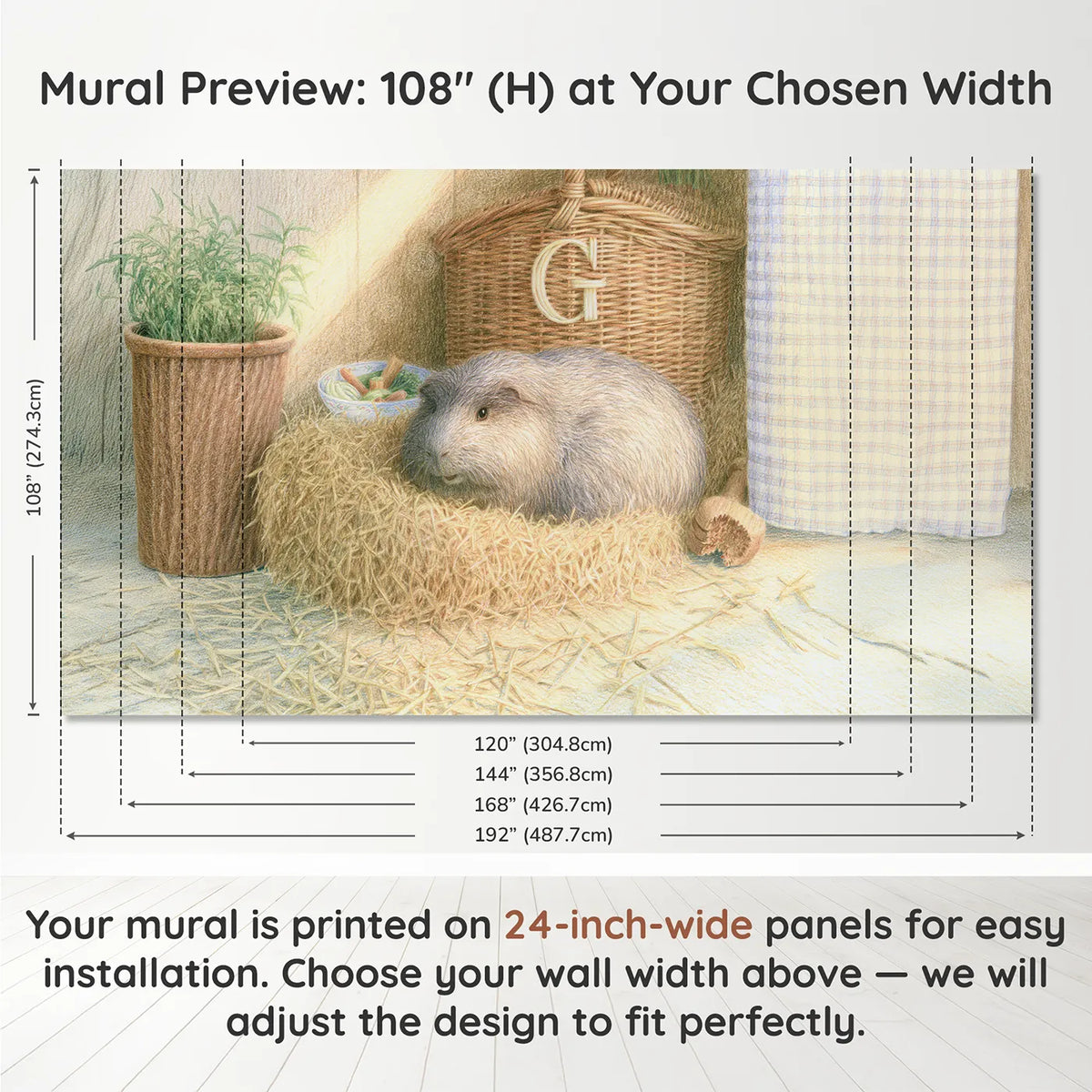 Panel layout and dimensions for Guinea Pig Hay Basket Personalized Wall Mural by Whimsy Tots