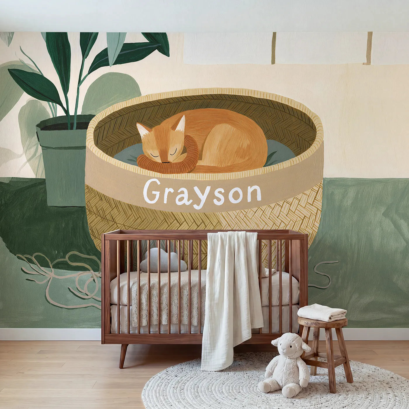 Modern illustration cat basket personalized wall mural with painted rim lettering by Whimsy Tots