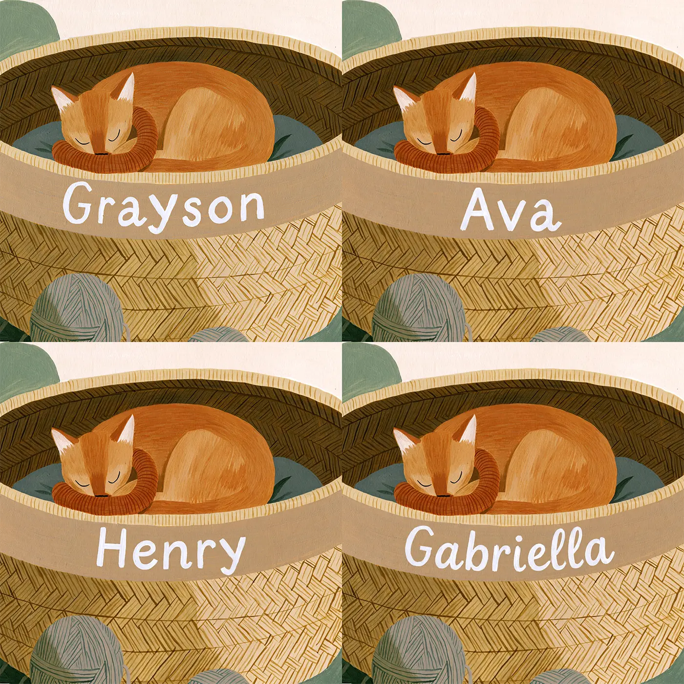 Four name preview examples of Flat Cat Basket Personalized Wall Mural by Whimsy Tots
