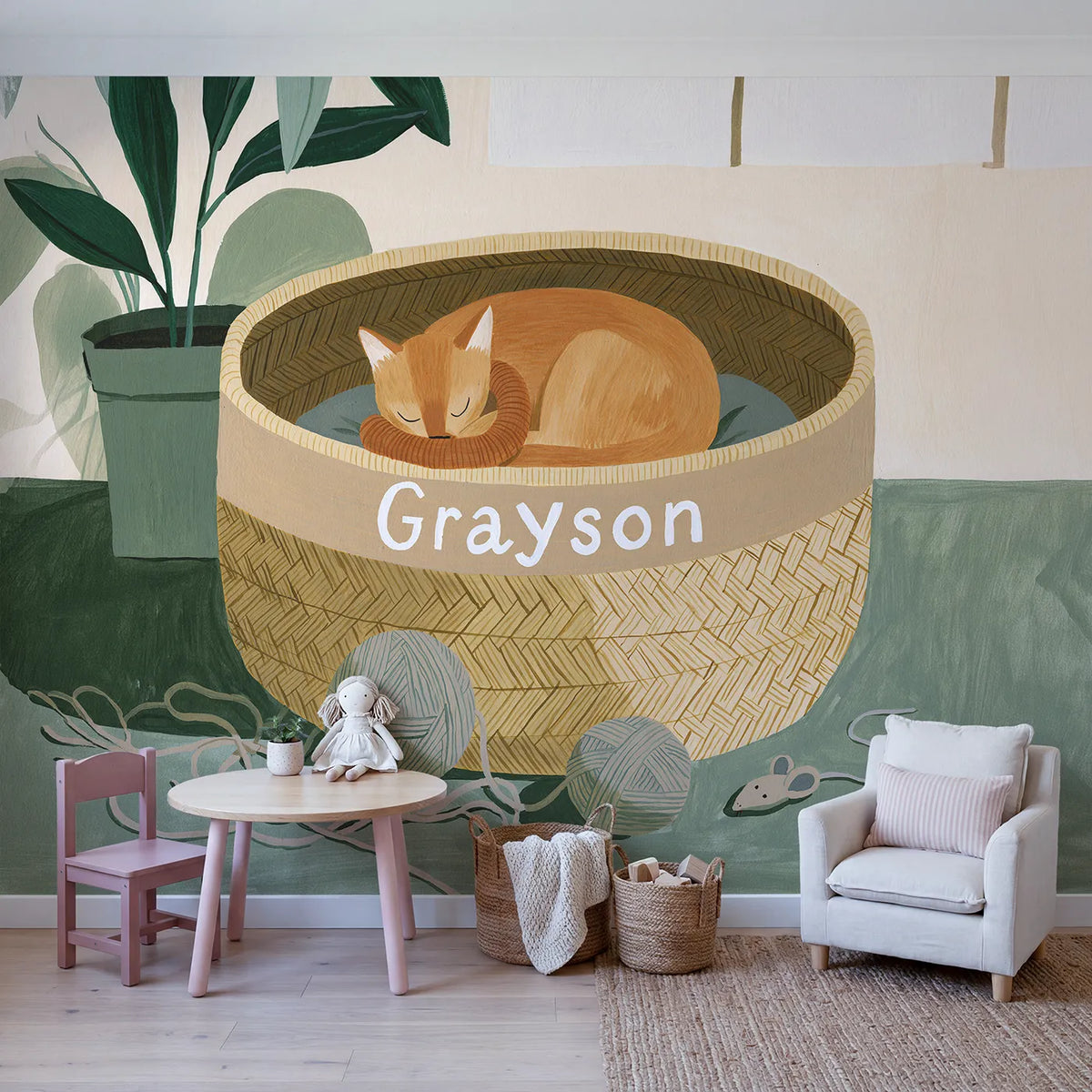 Flat Cat Basket Personalized Wall Mural in playroom setting by Whimsy Tots