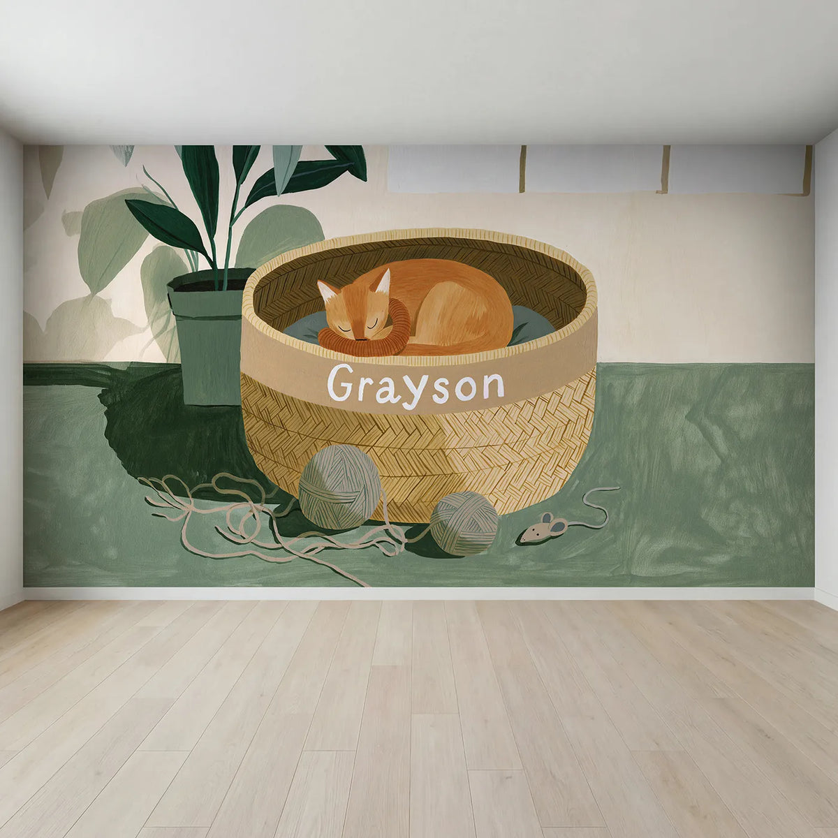 Full view of Flat Cat Basket Personalized Wall Mural by Whimsy Tots