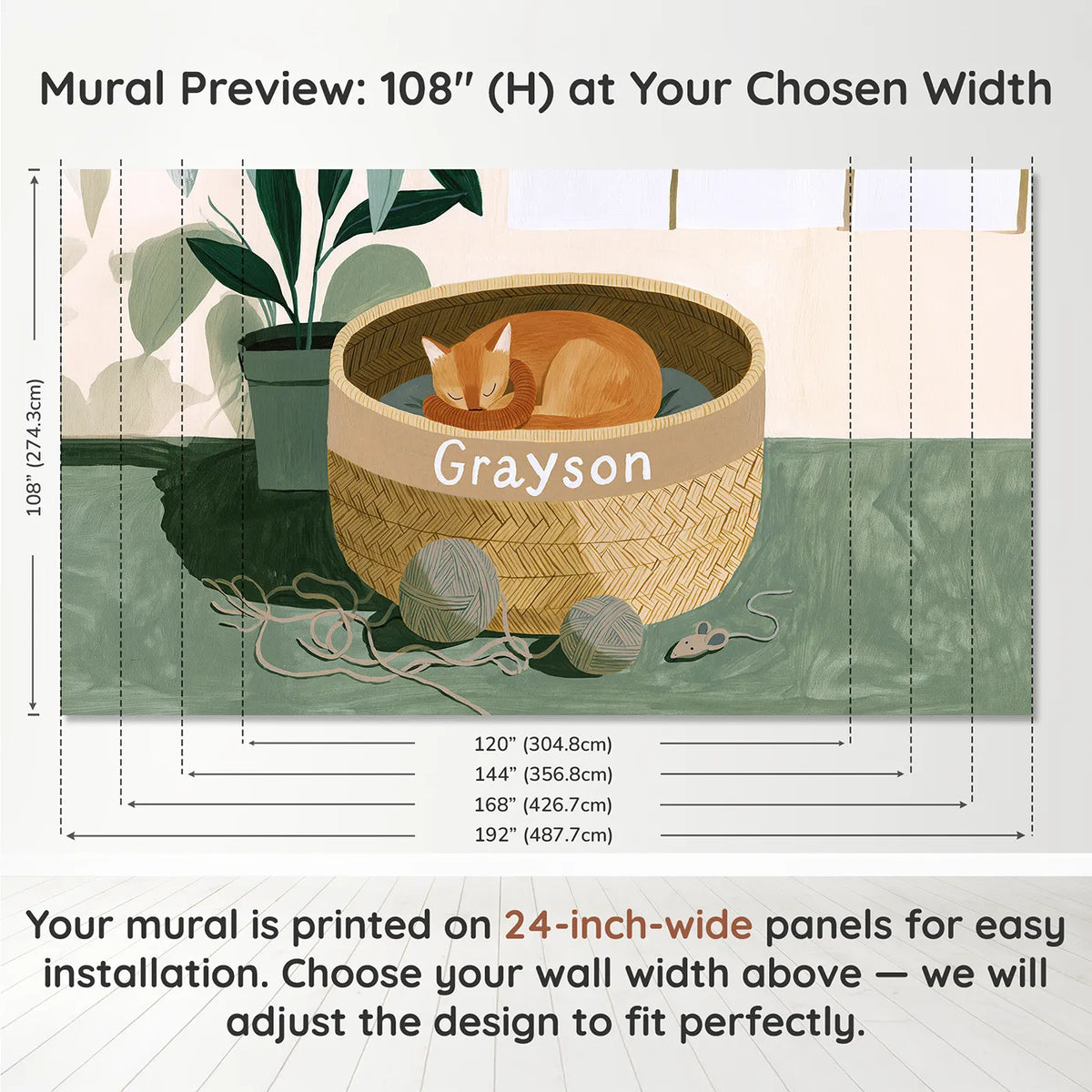 Panel layout and dimensions for Flat Cat Basket Personalized Wall Mural by Whimsy Tots