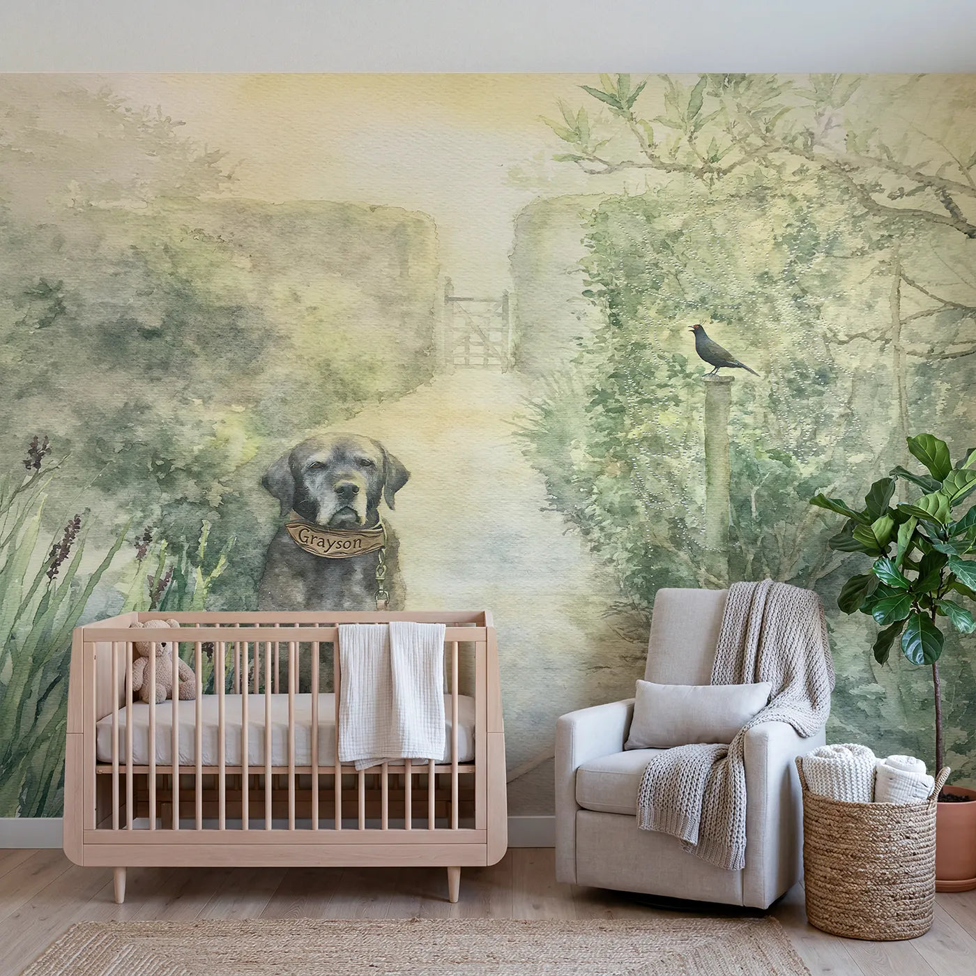 Watercolor misty garden dog lead personalized wall mural with tooled leather collar by Whimsy Tots